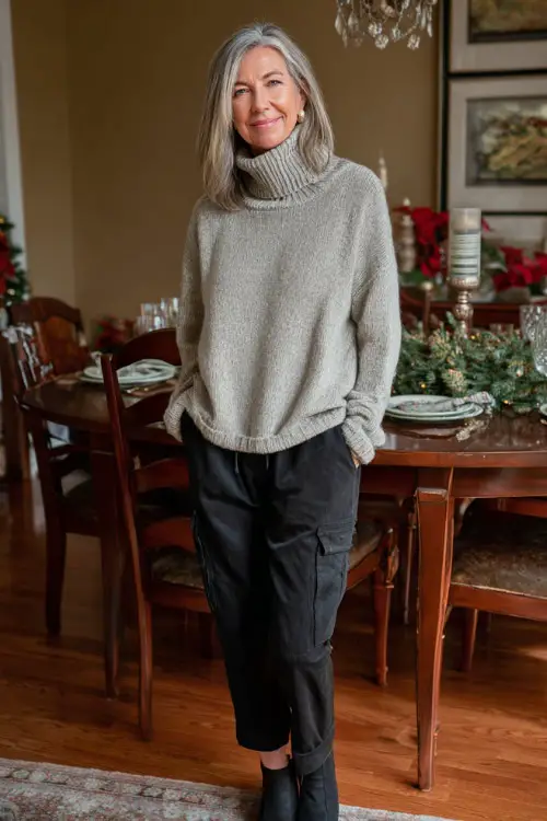 A woman over 50 wearing a soft gray turtleneck sweater with straight-leg black pants and low-heeled boots, standing near a decorated holiday dining table