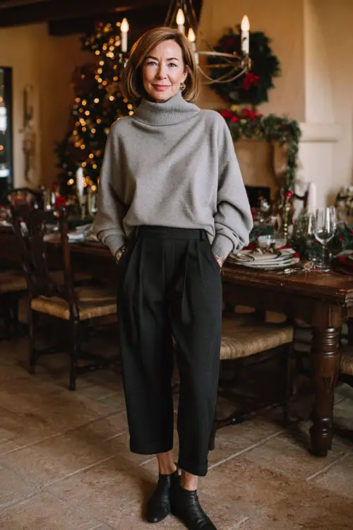 A woman over 50 wearing a soft gray turtleneck sweater with straight-leg black pants and low-heeled boots, standing near a decorated holiday dining table