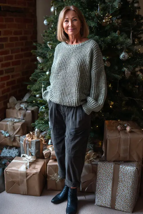 A woman over 50 wearing a soft green knit sweater paired with dark trousers and ankle boots, standing by a Christmas tree surrounded by wrapped gifts