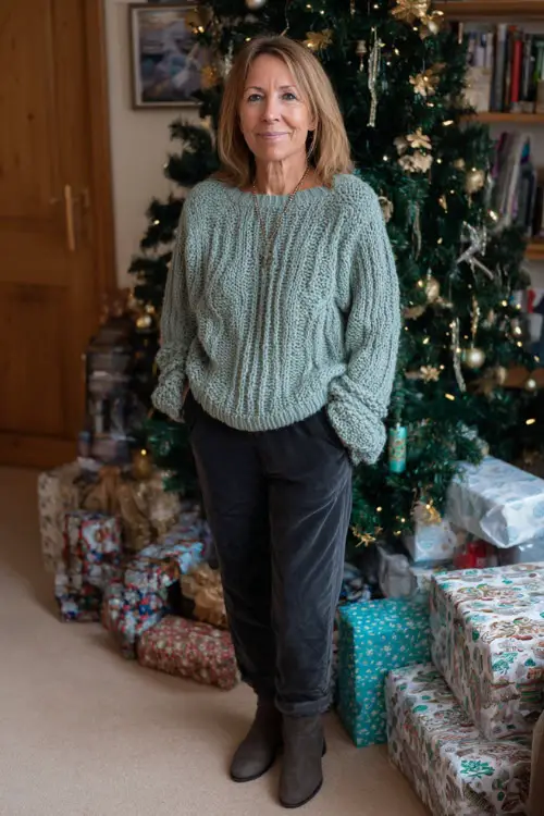 A woman over 50 wearing a soft green knit sweater paired with dark trousers and ankle boots, standing by a Christmas tree surrounded by wrapped gifts