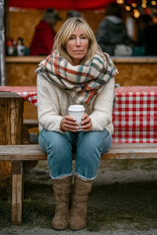 A woman over 50 wearing a soft plaid scarf over a simple cream sweater with jeans and ankle boots 