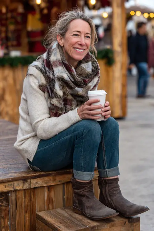 A woman over 50 wearing a soft plaid scarf over a simple cream sweater with jeans and ankle boots