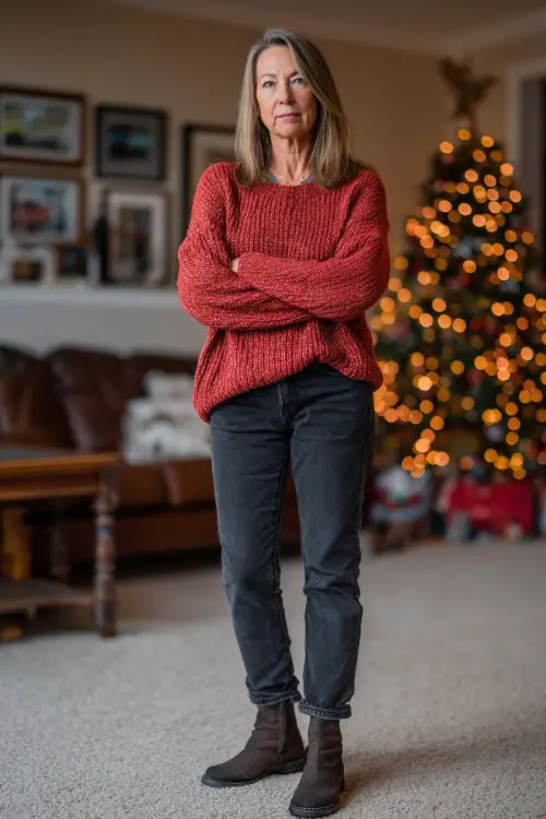 A woman over 50 wearing a soft red knit sweater with dark straight-leg jeans and ankle boots