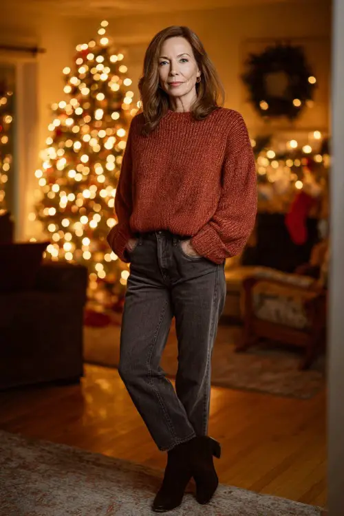 A woman over 50 wearing a soft red knit sweater with dark straight-leg jeans and ankle boots 