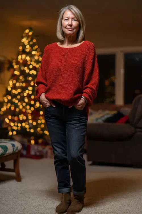 A woman over 50 wearing a soft red knit sweater with dark straight-leg jeans and ankle boots