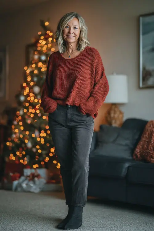 A woman over 50 wearing a soft red knit sweater with straight-leg dark jeans and ankle boots, standing in a warm living room decorated with a Christmas tree and glowing lights