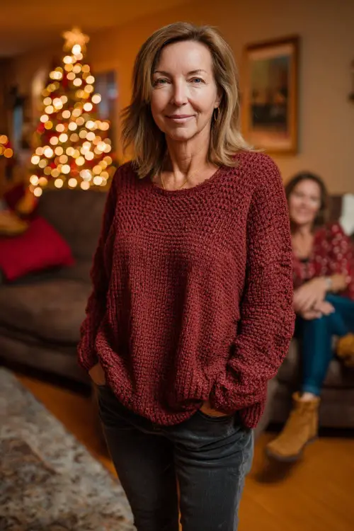 A woman over 50 wearing a soft red knit sweater with straight-leg dark jeans and ankle boots, standing in a warm living room decorated with a Christmas tree and glowing lights