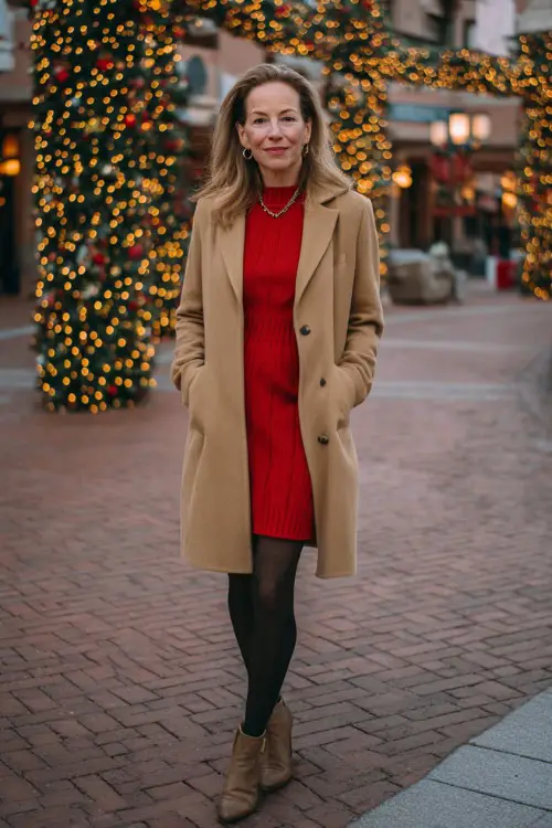 A woman over 50 wearing a tailored camel coat over a red sweater dress with tights and heeled boots 