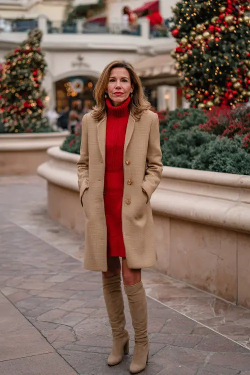 A woman over 50 wearing a tailored camel coat over a red sweater dress with tights and heeled boots