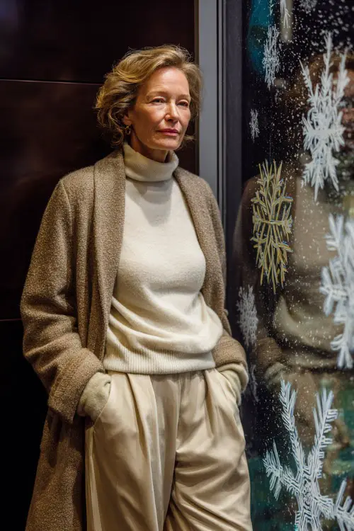 A woman over 50 wearing a winter-cream turtleneck with beige wide-leg pants