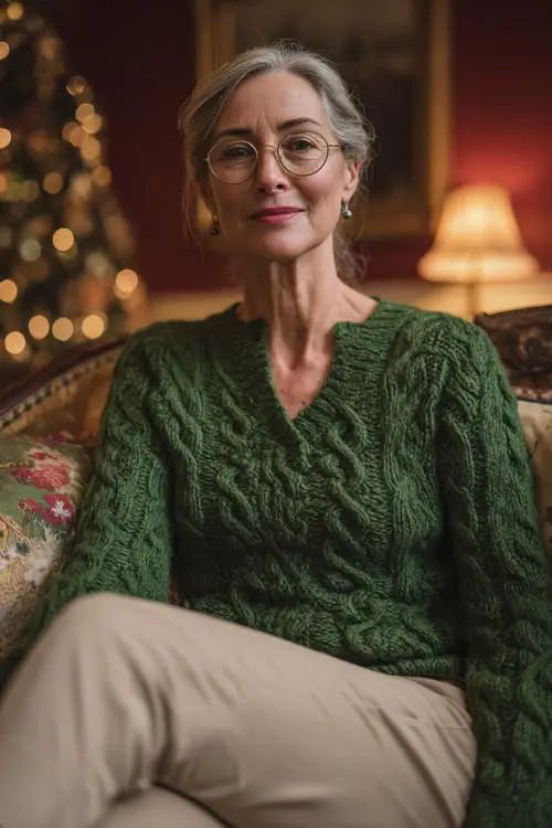 A woman over 50 wearing a winter-green sweater with slim trousers and ballet flats, enjoying a relaxed Christmas get-together in a warmly decorated room