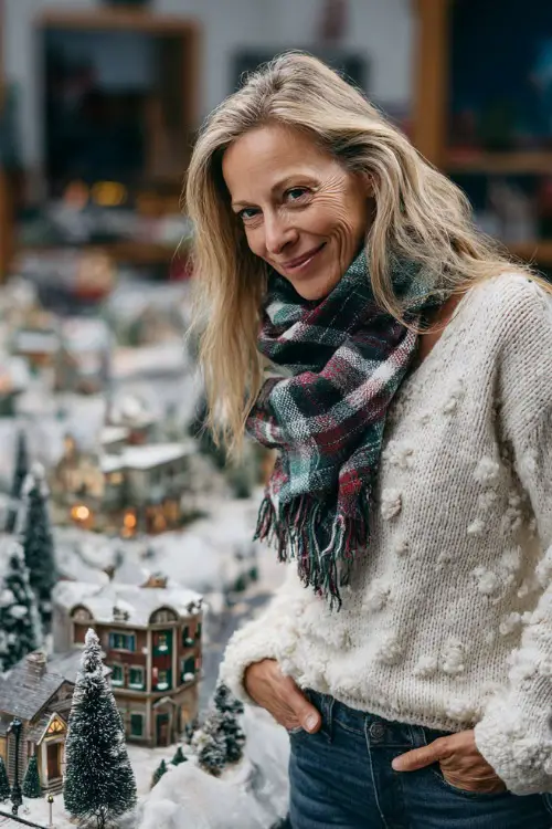 A woman over 50 wearing a winter-white sweater with little pom-pom details, paired with a plaid scarf, jeans, and ankle boots, enjoying a snowy Christmas village