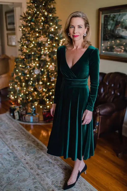 A woman over 50 wearing an emerald green velvet midi dress with long sleeves, pearl earrings, and heeled pumps, standing beside a warmly lit Christmas tree in an elegant living room 