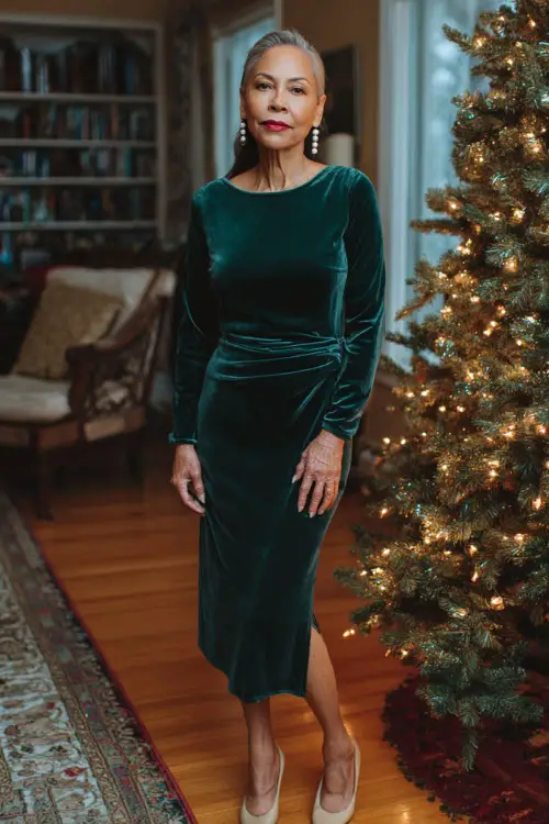 A woman over 50 wearing an emerald green velvet midi dress with long sleeves, pearl earrings, and heeled pumps, standing beside a warmly lit Christmas tree in an elegant living room
