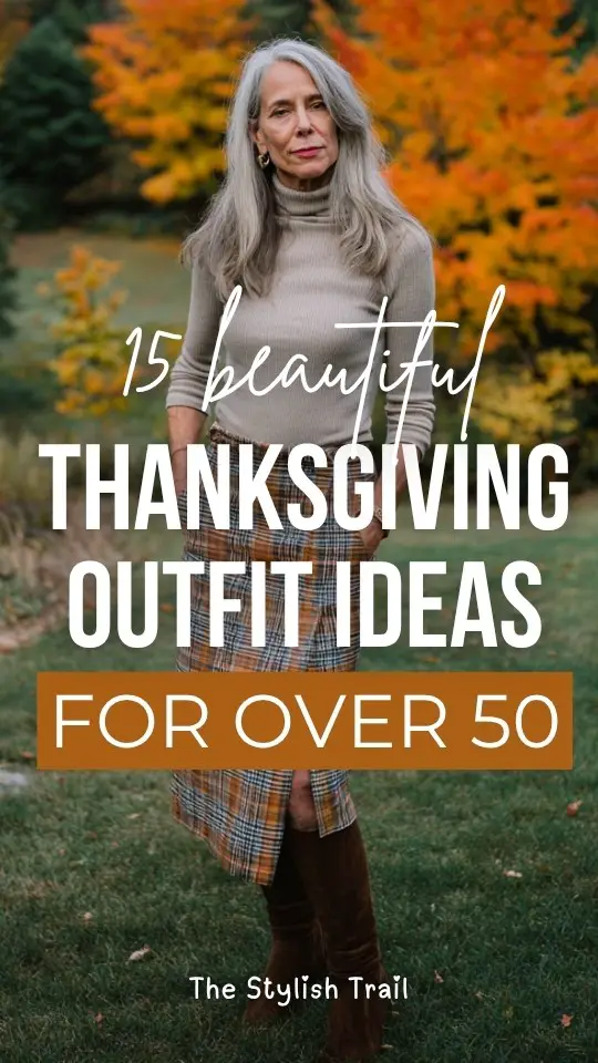 A woman over 50 wears a Thanksgiving outfit with a plaid midi skirt paired with a turtleneck and knee-high boots