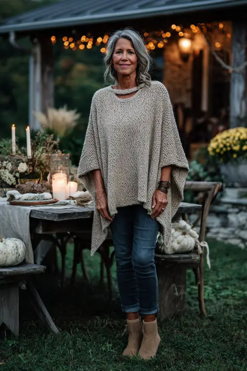 A woman over 50 wears a beige knit poncho over a long-sleeve top, paired with slim jeans and suede ankle boots 