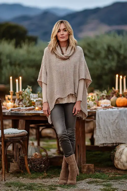 A woman over 50 wears a beige knit poncho over a long-sleeve top, paired with slim jeans and suede ankle boots, standing outdoors near a Thanksgiving table setup with candles and pumpkins