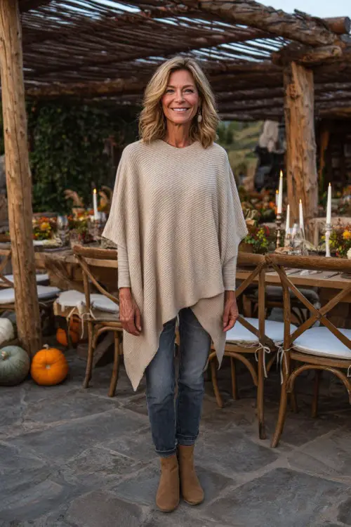 A woman over 50 wears a beige knit poncho over a long-sleeve top, paired with slim jeans and suede ankle boots