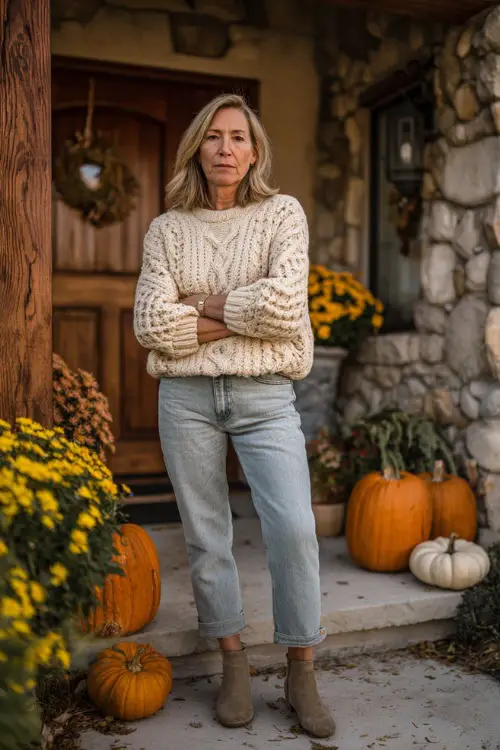 A woman over 50 wears a cream knit sweater with straight jeans and ankle boots, standing outside a home decorated with pumpkins and fall leaves 
