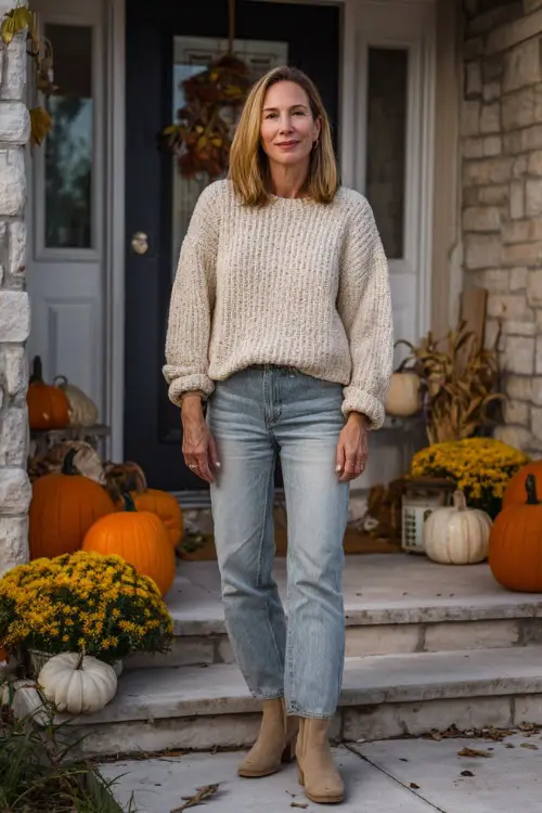 A woman over 50 wears a cream knit sweater with straight jeans and ankle boots, standing outside a home decorated with pumpkins and fall leaves 