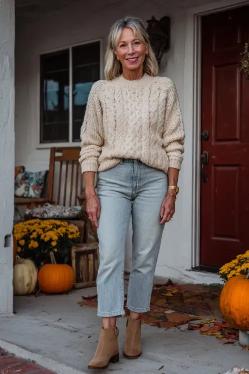 A woman over 50 wears a cream knit sweater with straight jeans and ankle boots, standing outside a home decorated with pumpkins and fall leaves