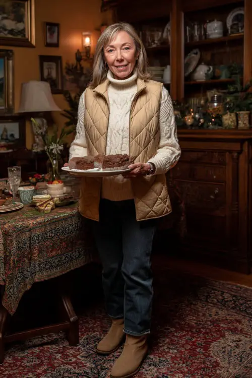 A woman over 50 wears a cream turtleneck sweater with a quilted vest, straight-leg jeans, and flat boots, holding a tray of desserts in a cozy dining room 