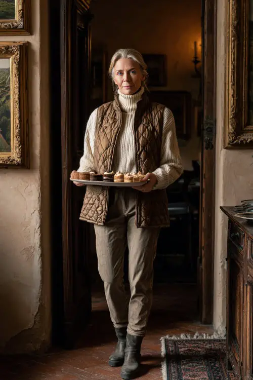 A woman over 50 wears a cream turtleneck sweater with a quilted vest, straight-leg jeans, and flat boots, holding a tray of desserts in a cozy dining room 