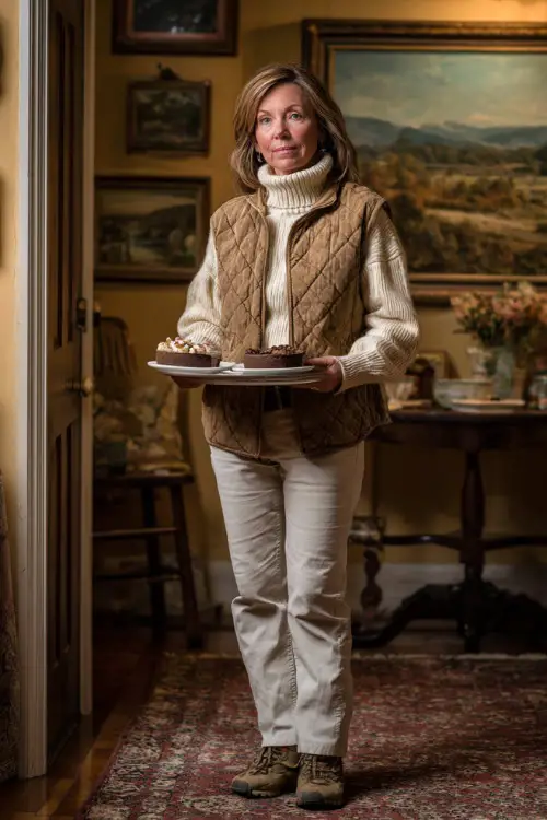 A woman over 50 wears a cream turtleneck sweater with a quilted vest, straight-leg jeans, and flat boots, holding a tray of desserts in a cozy dining room