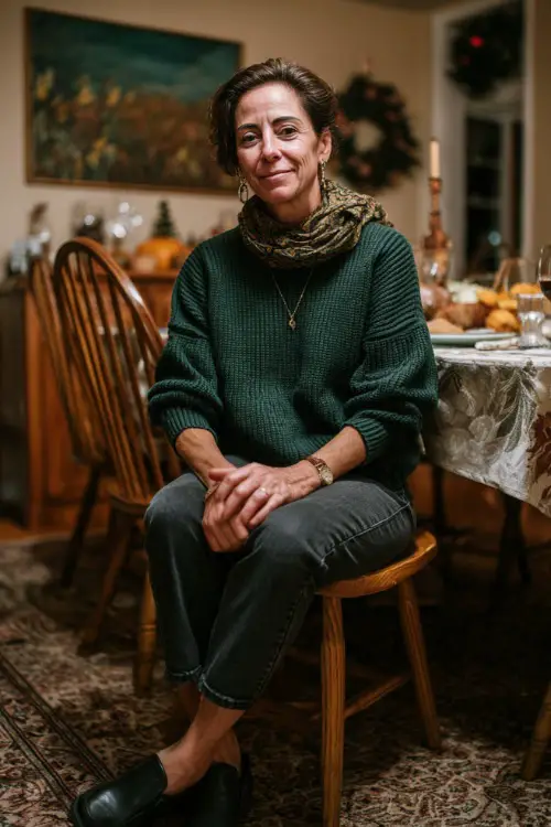 A woman over 50 wears a dark green sweater tucked into black jeans with loafers and a scarf, sitting at a Thanksgiving dinner table with family 