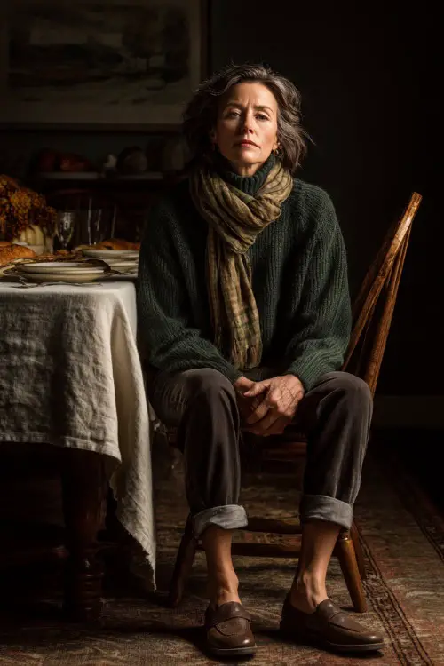 A woman over 50 wears a dark green sweater tucked into black jeans with loafers and a scarf, sitting at a Thanksgiving dinner table with family 