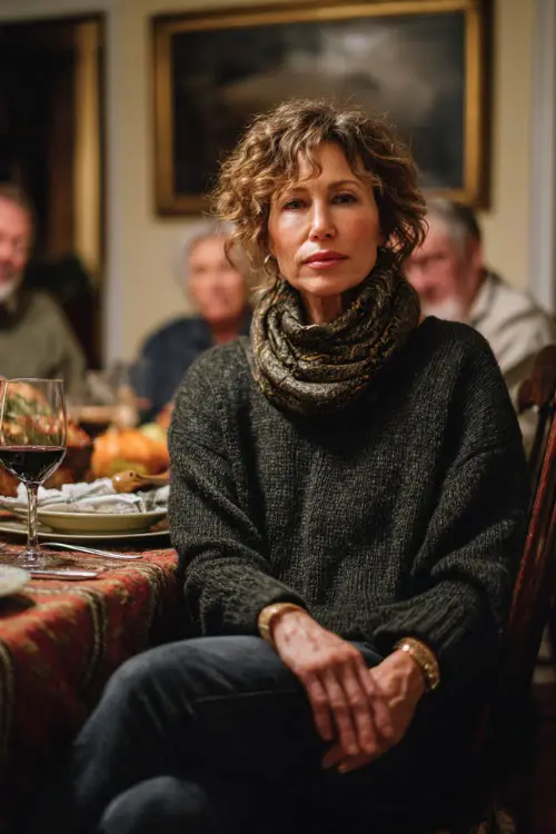 A woman over 50 wears a dark green sweater tucked into black jeans with loafers and a scarf, sitting at a Thanksgiving dinner table with family