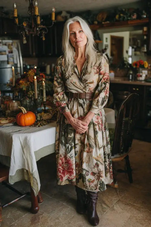A woman over 50 wears a floral midi dress with a belted waist and ankle boots, standing near a Thanksgiving table decorated with pumpkins and candles 