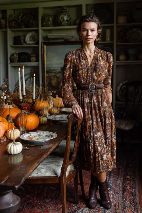 A woman over 50 wears a floral midi dress with a belted waist and ankle boots, standing near a Thanksgiving table decorated with pumpkins and candles 