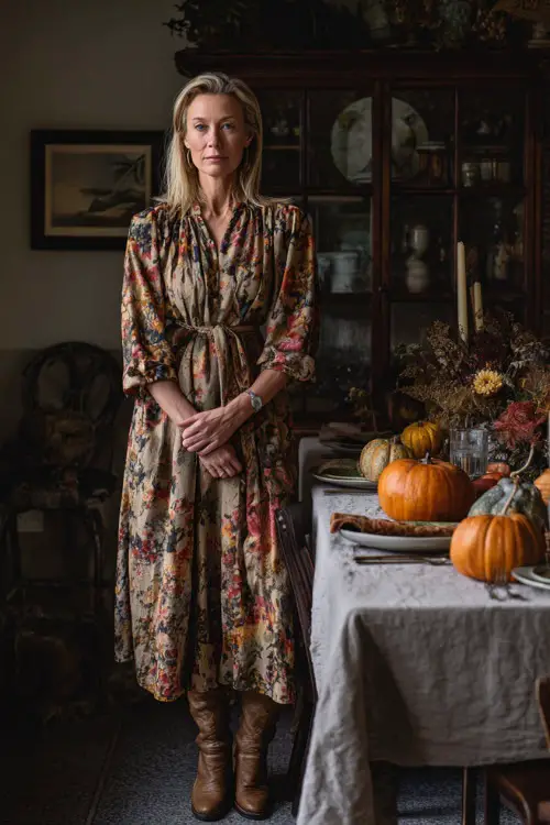 A woman over 50 wears a floral midi dress with a belted waist and ankle boots, standing near a Thanksgiving table decorated with pumpkins and candles