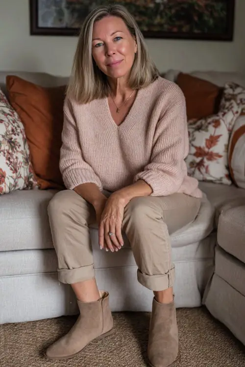 A woman over 50 wears a light pink knit pullover with straight jeans and suede ankle boots, sitting on a couch decorated with Thanksgiving pillows 