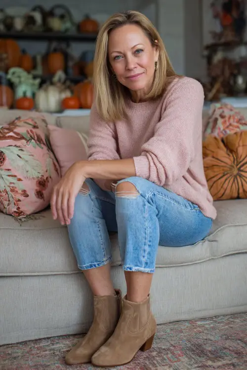 A woman over 50 wears a light pink knit pullover with straight jeans and suede ankle boots, sitting on a couch decorated with Thanksgiving pillows