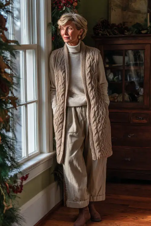 A woman over 50 wears a long knit vest over a cream turtleneck and relaxed trousers with flat boots, standing near a window decorated with Thanksgiving garlands 