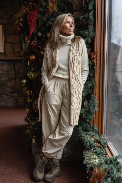 A woman over 50 wears a long knit vest over a cream turtleneck and relaxed trousers with flat boots, standing near a window decorated with Thanksgiving garlands 