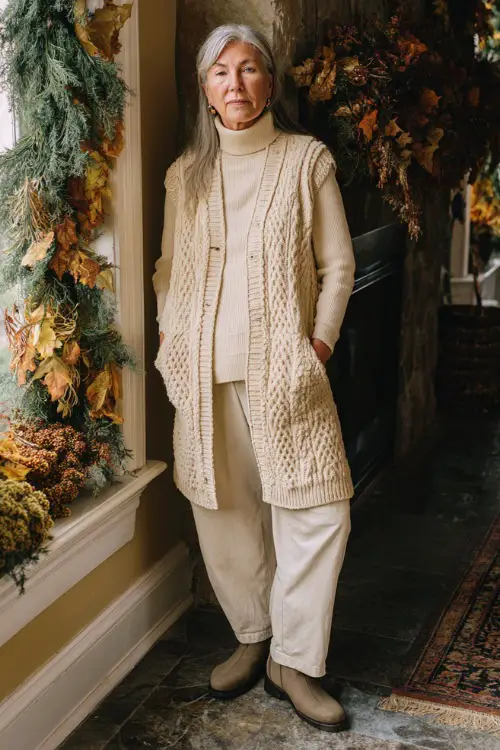 A woman over 50 wears a long knit vest over a cream turtleneck and relaxed trousers with flat boots, standing near a window decorated with Thanksgiving garlands