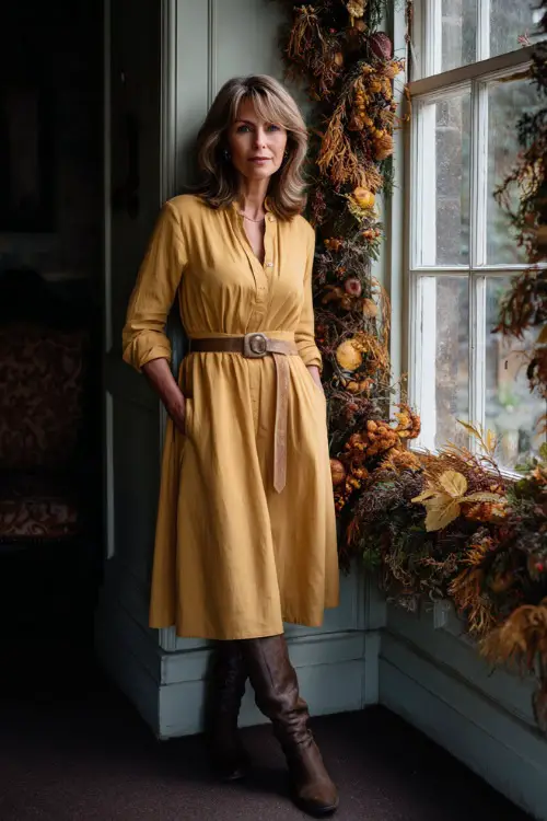 A woman over 50 wears a mustard-yellow midi dress with a belt and brown boots, standing near a window decorated with fall garlands 