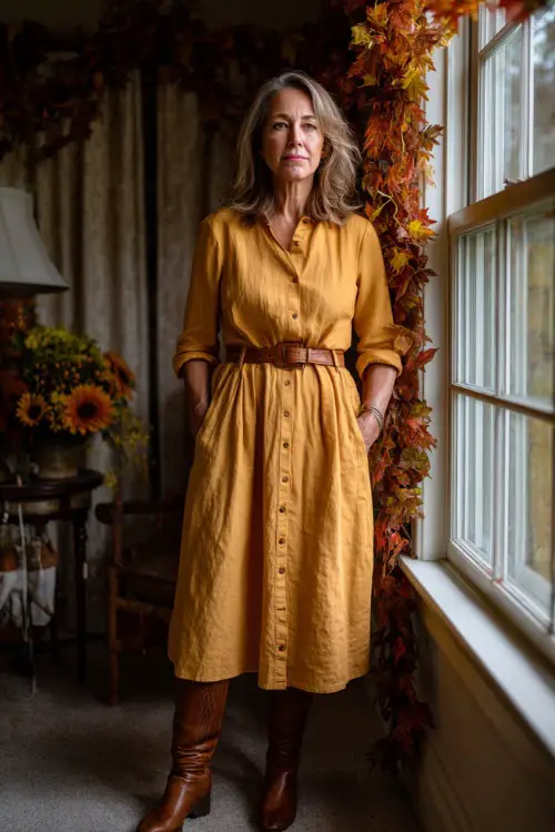 A woman over 50 wears a mustard-yellow midi dress with a belt and brown boots, standing near a window decorated with fall garlands