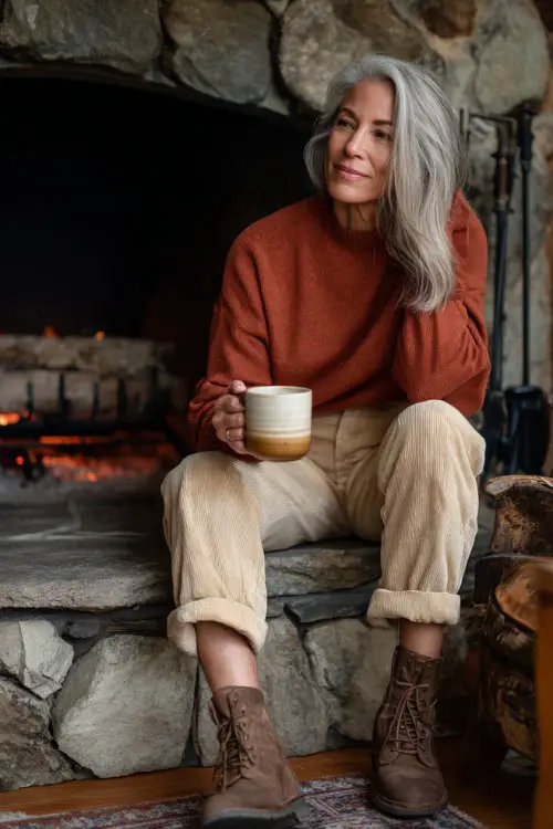 A woman over 50 wears a rust-colored pullover sweater with beige corduroy pants and brown boots, holding a mug of coffee beside a fireplace 