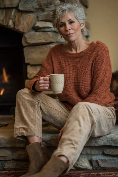 A woman over 50 wears a rust-colored pullover sweater with beige corduroy pants and brown boots, holding a mug of coffee beside a fireplace 