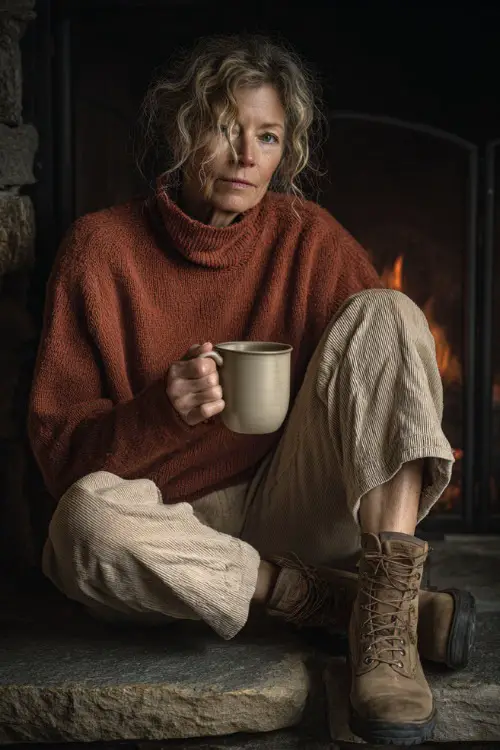 A woman over 50 wears a rust-colored pullover sweater with beige corduroy pants and brown boots, holding a mug of coffee beside a fireplace