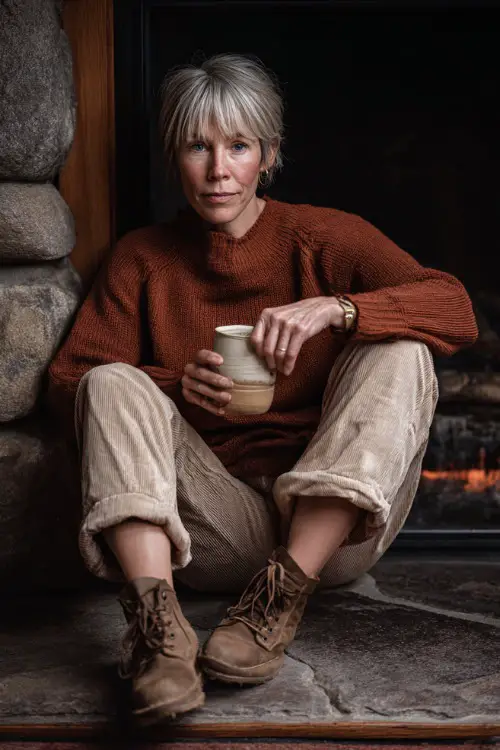 A woman over 50 wears a rust-colored pullover sweater with beige corduroy pants and brown boots, holding a mug of coffee beside a fireplace