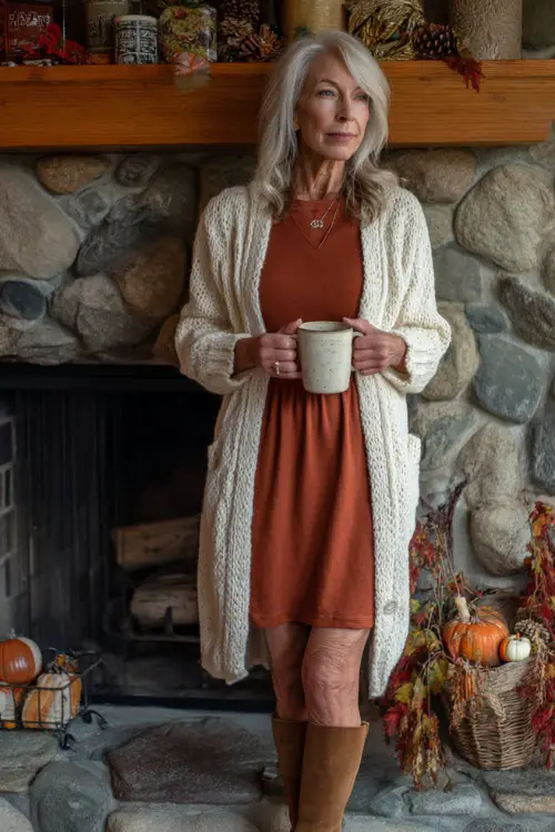 A woman over 50 wears a rust-colored sweater dress with a long cream cardigan and flat boots, holding a mug of tea near a fireplace with fall decorations 