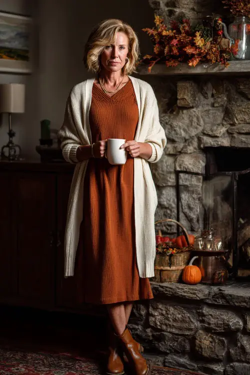 A woman over 50 wears a rust-colored sweater dress with a long cream cardigan and flat boots, holding a mug of tea near a fireplace with fall decorations 