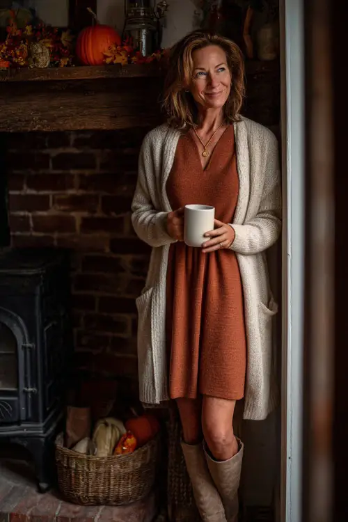 A woman over 50 wears a rust-colored sweater dress with a long cream cardigan and flat boots, holding a mug of tea near a fireplace with fall decorations