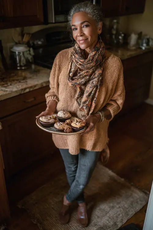 A woman over 50 wears a tan sweater with a patterned scarf, slim jeans, and loafers, holding a plate of Thanksgiving desserts in a warm kitchen 