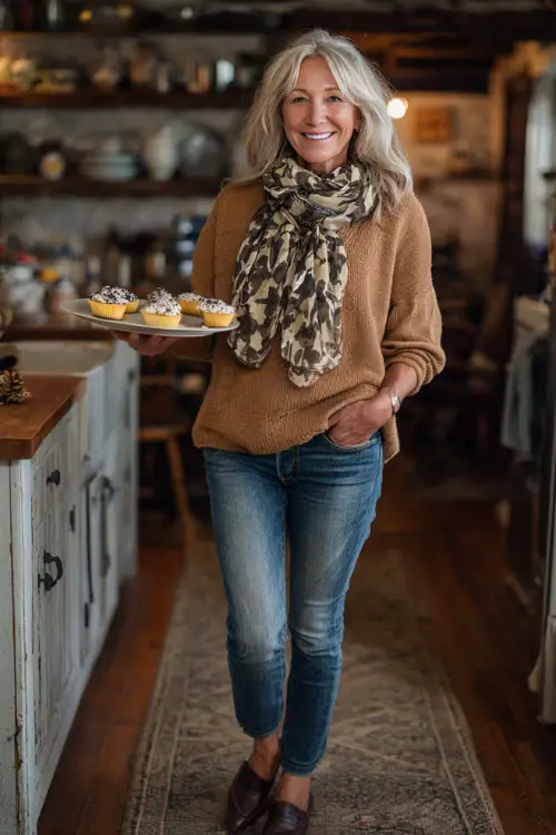 A woman over 50 wears a tan sweater with a patterned scarf, slim jeans, and loafers, holding a plate of Thanksgiving desserts in a warm kitchen 